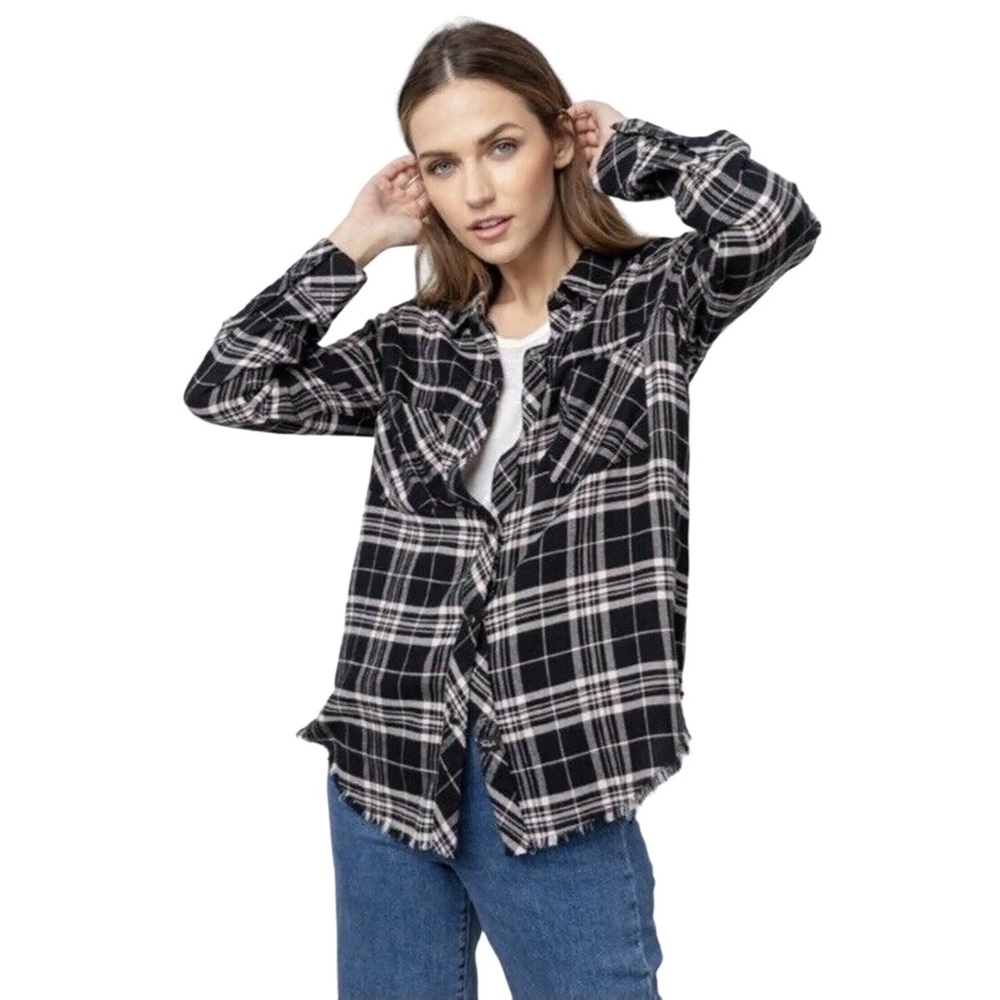 Rails Leo Onyx Peach Plaid Flannel Shirt with Frayed Hem Size Large